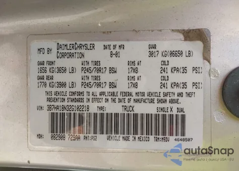 2002 Dodge Ram 1500 Slt из США, поврежденный, VIN 3B7HA18N32G102218